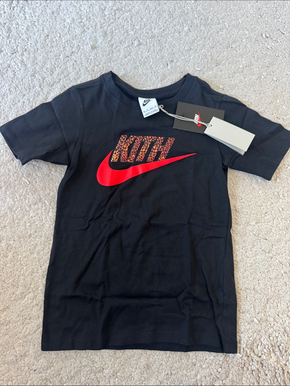 Kith Black Kids' Tee with Red Swoosh and Leopard-Print KITH